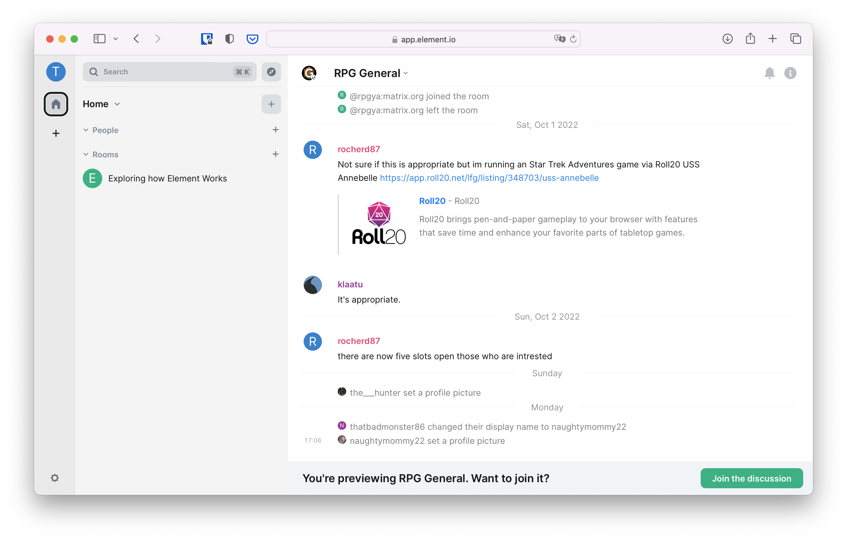 Preview of the "RPG General" room using Element Web. A few example chat and status messages can be seen. The room is not yet in the room list. At the bottom is a button to join the room.